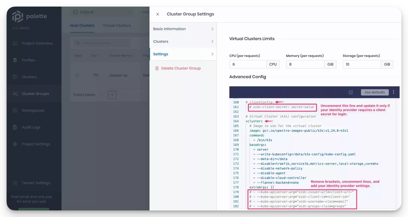 Screenshot of the cluster group YAML showing oidc-related parameters to uncomment and update.